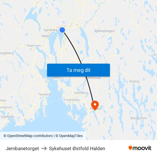 Jernbanetorget to Sykehuset Østfold Halden map