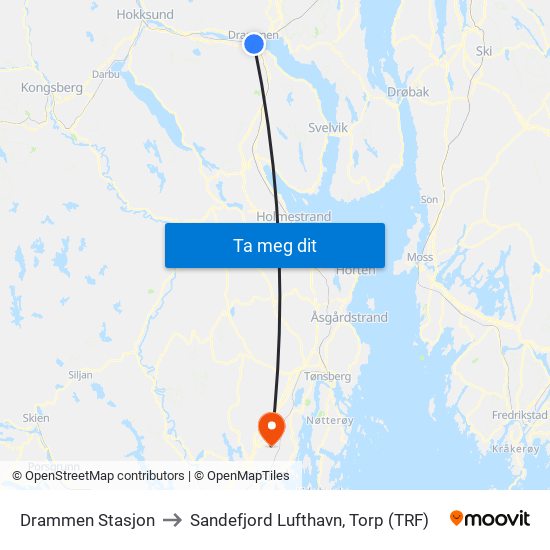 Drammen Stasjon to Sandefjord Lufthavn, Torp (TRF) map
