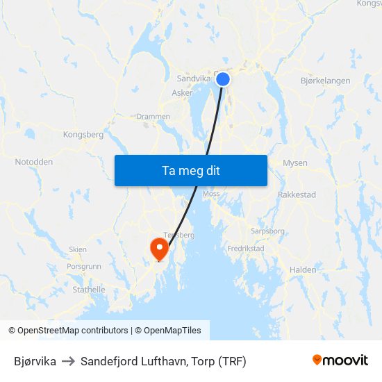Bjørvika to Sandefjord Lufthavn, Torp (TRF) map