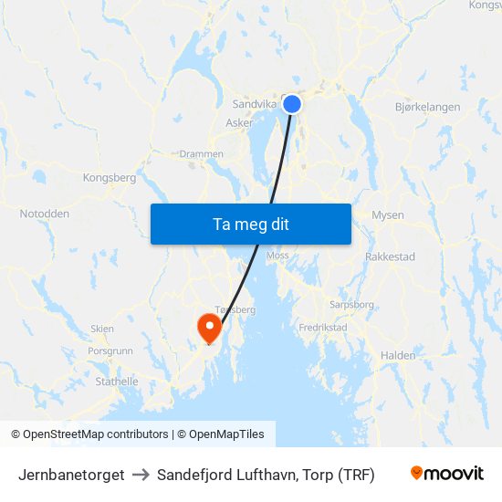 Jernbanetorget to Sandefjord Lufthavn, Torp (TRF) map