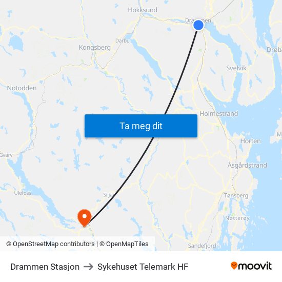 Drammen Stasjon to Sykehuset Telemark HF map