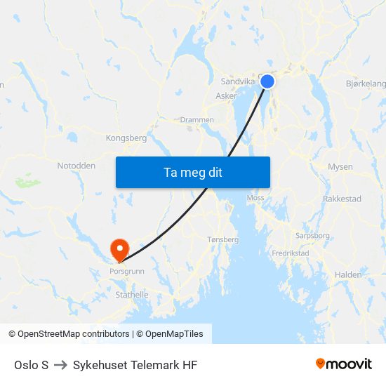 Oslo S to Sykehuset Telemark HF map