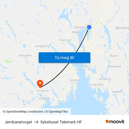 Jernbanetorget to Sykehuset Telemark HF map