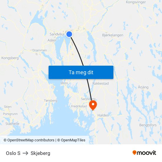 Oslo S to Skjeberg map