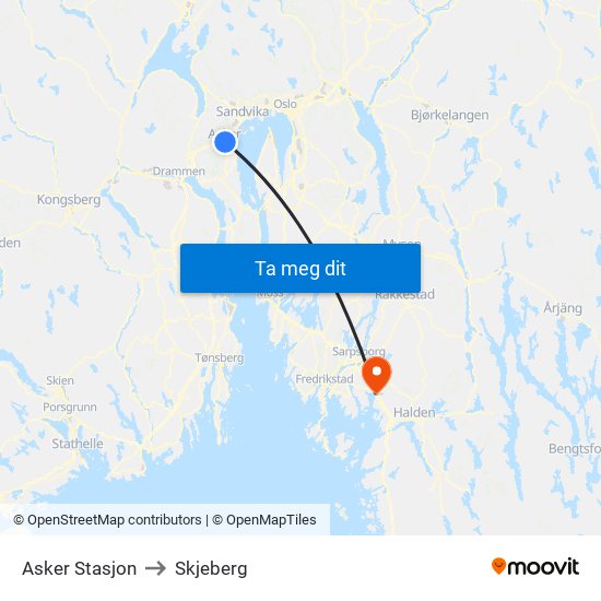 Asker Stasjon to Skjeberg map