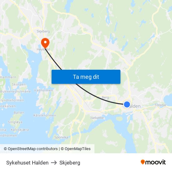 Sykehuset Halden to Skjeberg map