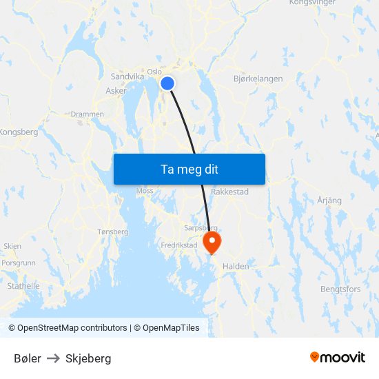 Bøler to Skjeberg map