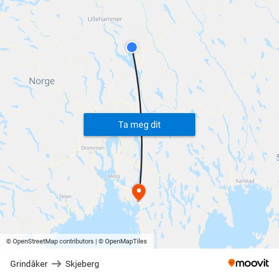 Grindåker to Skjeberg map