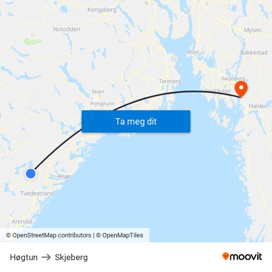 Høgtun to Skjeberg map