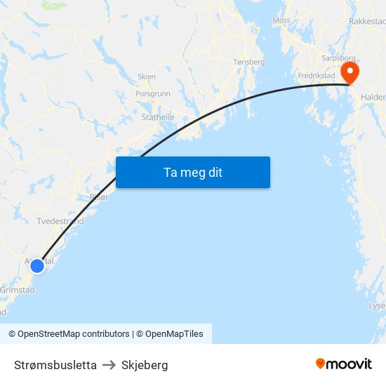 Strømsbusletta to Skjeberg map