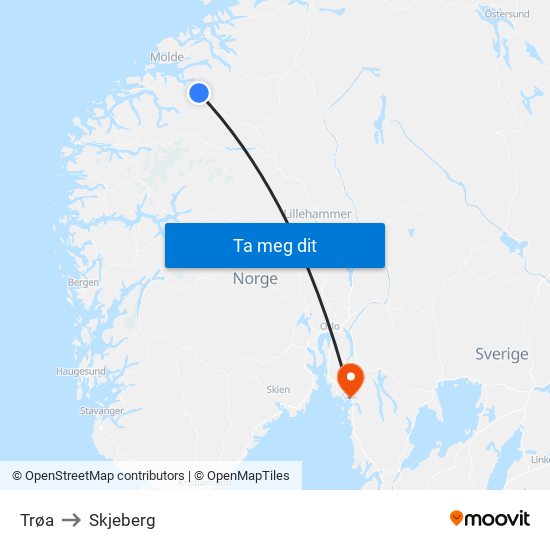 Trøa to Skjeberg map