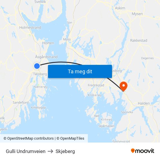 Gulli Undrumveien to Skjeberg map