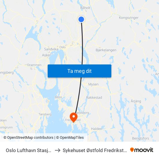 Oslo Lufthavn Stasjon to Sykehuset Østfold Fredrikstad map