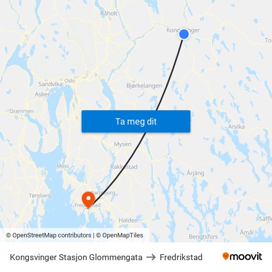 Kongsvinger Stasjon Glommengata to Fredrikstad map