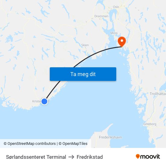 Sørlandssenteret Terminal to Fredrikstad map