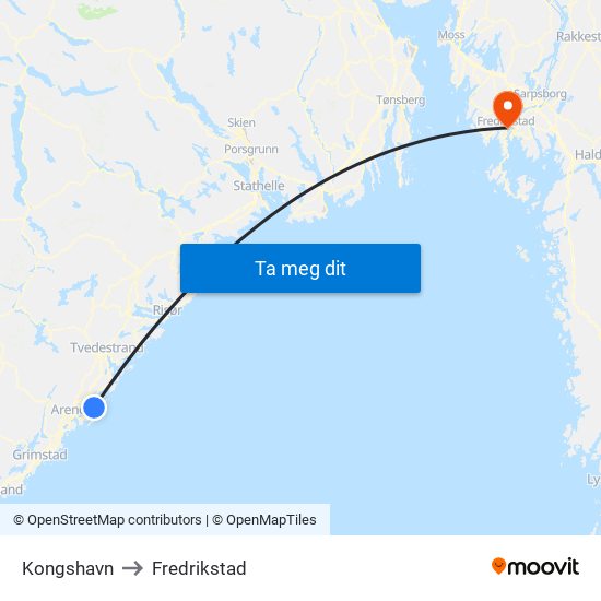 Kongshavn to Fredrikstad map