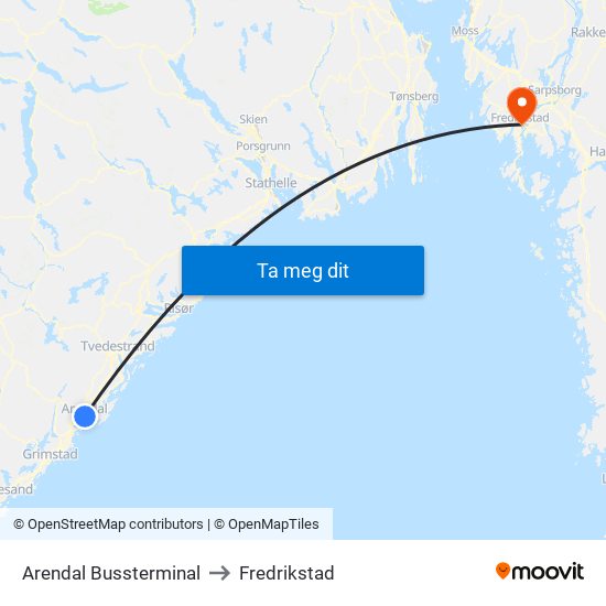Arendal Bussterminal to Fredrikstad map