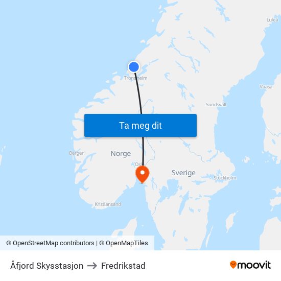 Åfjord Skysstasjon to Fredrikstad map