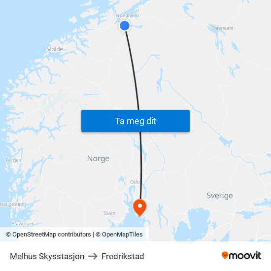 Melhus Skysstasjon to Fredrikstad map