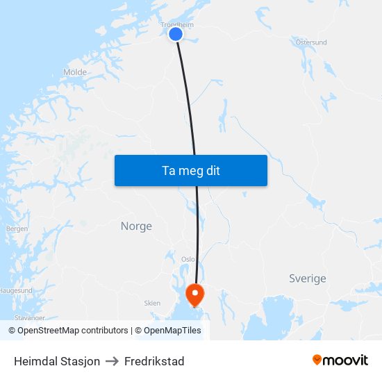 Heimdal Stasjon to Fredrikstad map