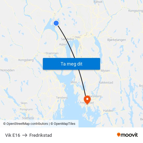 Vik E16 to Fredrikstad map