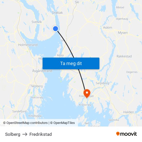 Solberg to Fredrikstad map