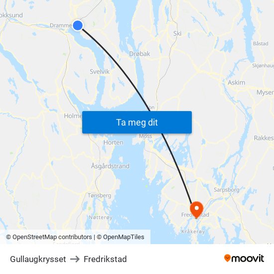 Gullaugkrysset to Fredrikstad map