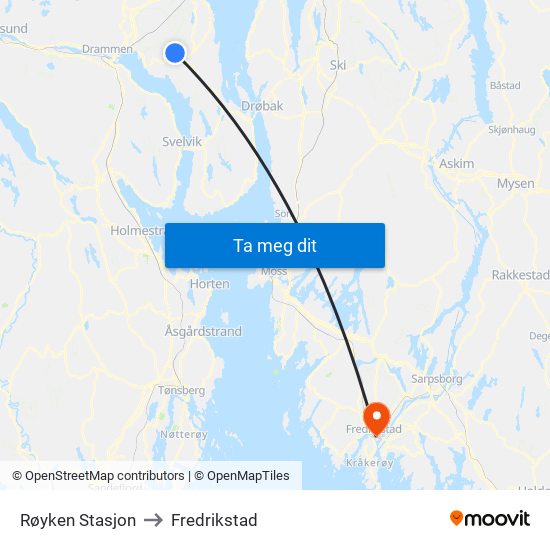 Røyken Stasjon to Fredrikstad map