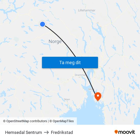 Hemsedal Sentrum to Fredrikstad map