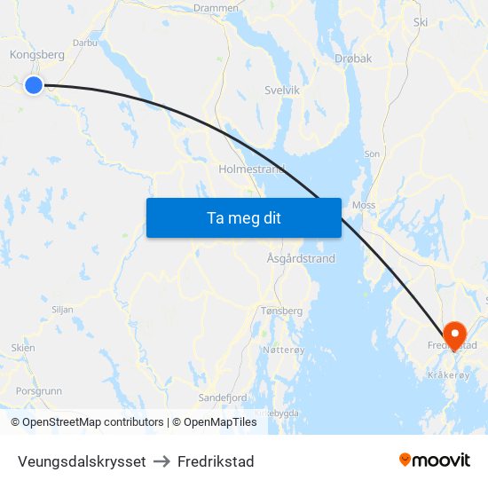Veungsdalskrysset to Fredrikstad map
