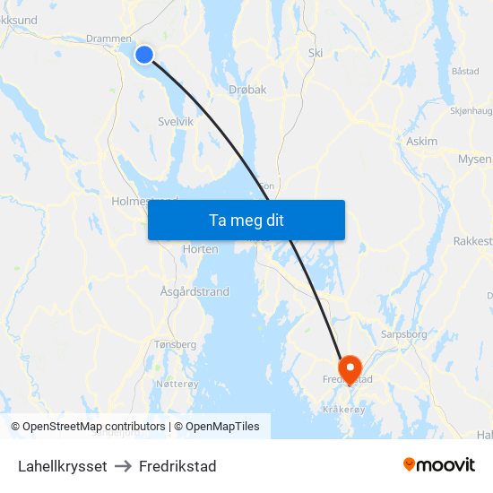 Lahellkrysset to Fredrikstad map