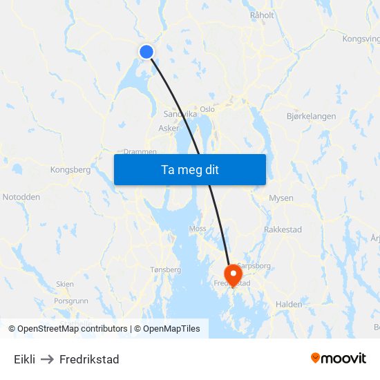 Eikli to Fredrikstad map