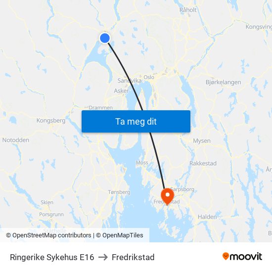 Ringerike Sykehus E16 to Fredrikstad map
