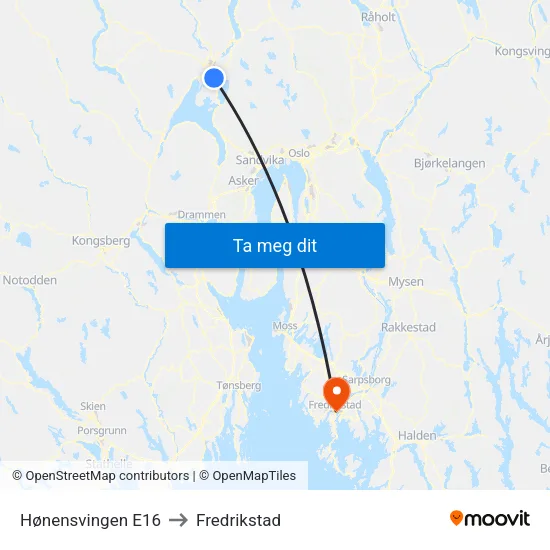 Hønensvingen E16 to Fredrikstad map