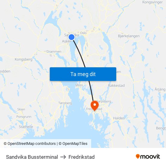 Sandvika Bussterminal to Fredrikstad map