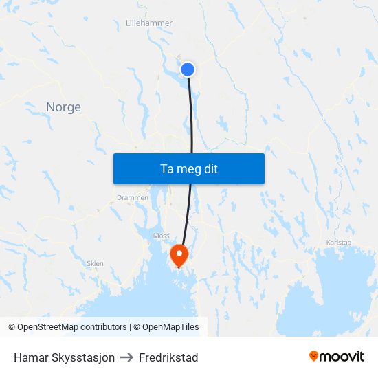 Hamar Skysstasjon to Fredrikstad map