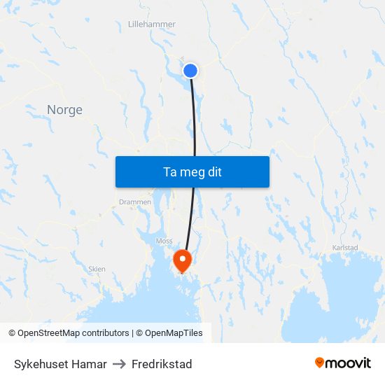 Sykehuset Hamar to Fredrikstad map