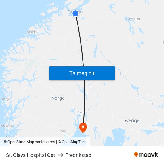 St. Olavs Hospital Øst to Fredrikstad map