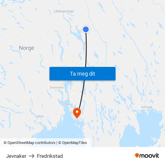 Jevnaker to Fredrikstad map