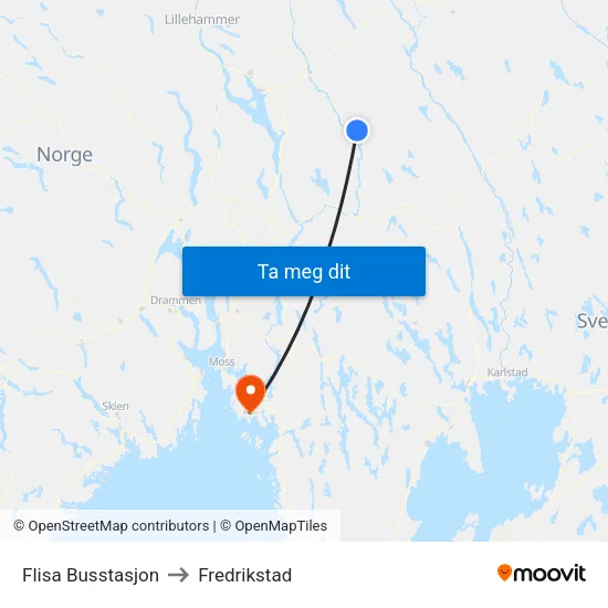 Flisa Busstasjon to Fredrikstad map