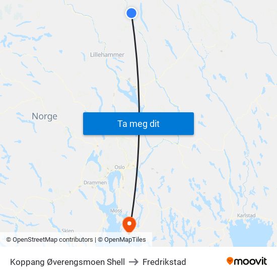 Koppang Øverengsmoen Shell to Fredrikstad map