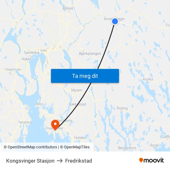 Kongsvinger Stasjon to Fredrikstad map