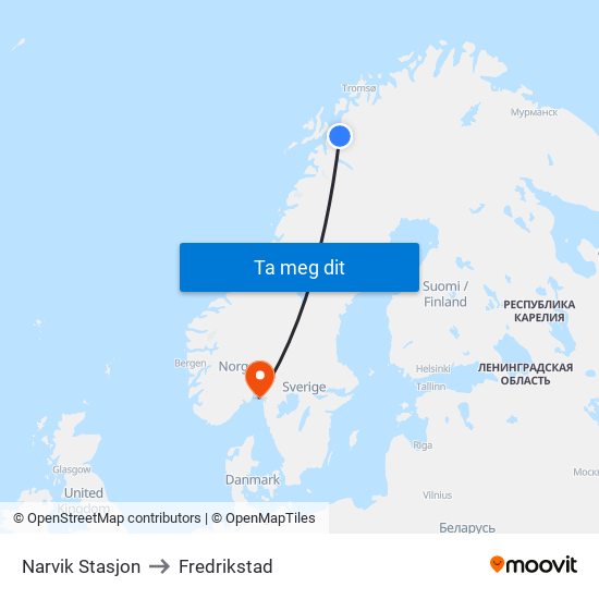 Narvik Stasjon to Fredrikstad map