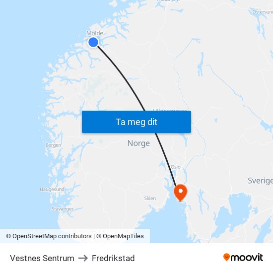 Vestnes Sentrum to Fredrikstad map