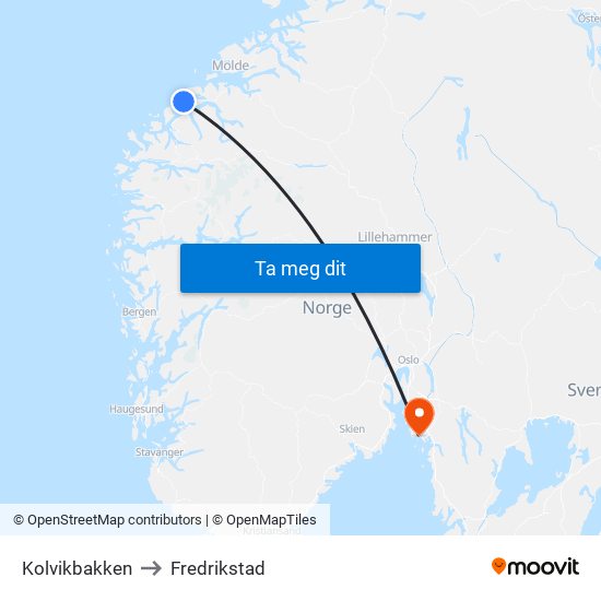 Kolvikbakken to Fredrikstad map
