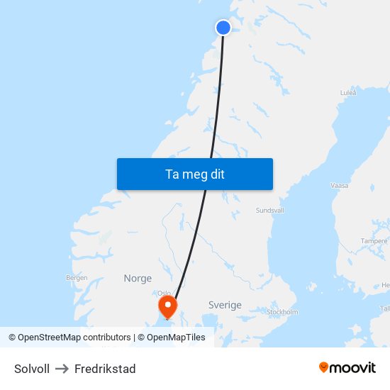 Solvoll to Fredrikstad map