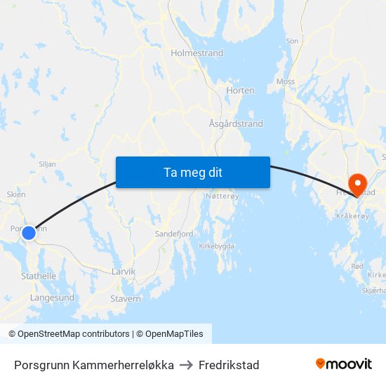 Porsgrunn Kammerherreløkka to Fredrikstad map