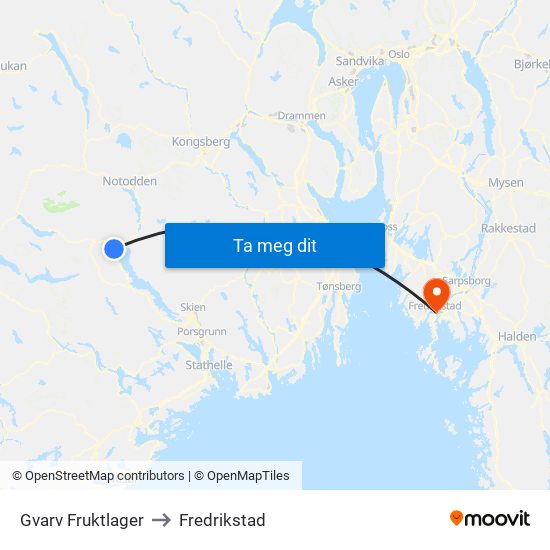 Gvarv Fruktlager to Fredrikstad map