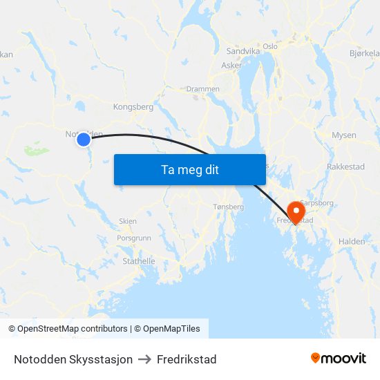 Notodden Skysstasjon to Fredrikstad map