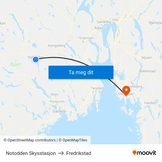 Notodden Skysstasjon to Fredrikstad map